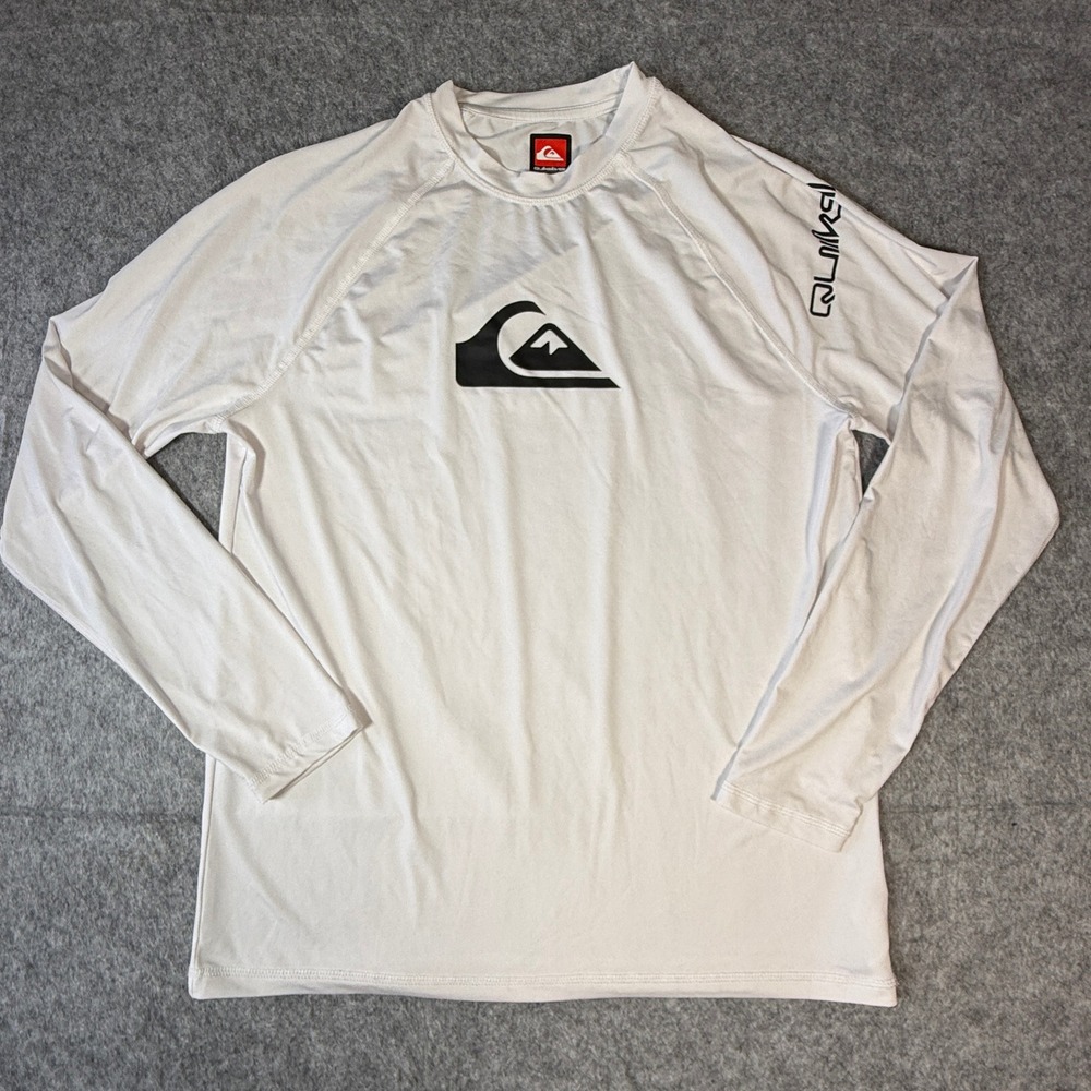 Quiksilver Rash Guard Men Medium White Long Sleeve UPF 50+ Logo Swim Shirt